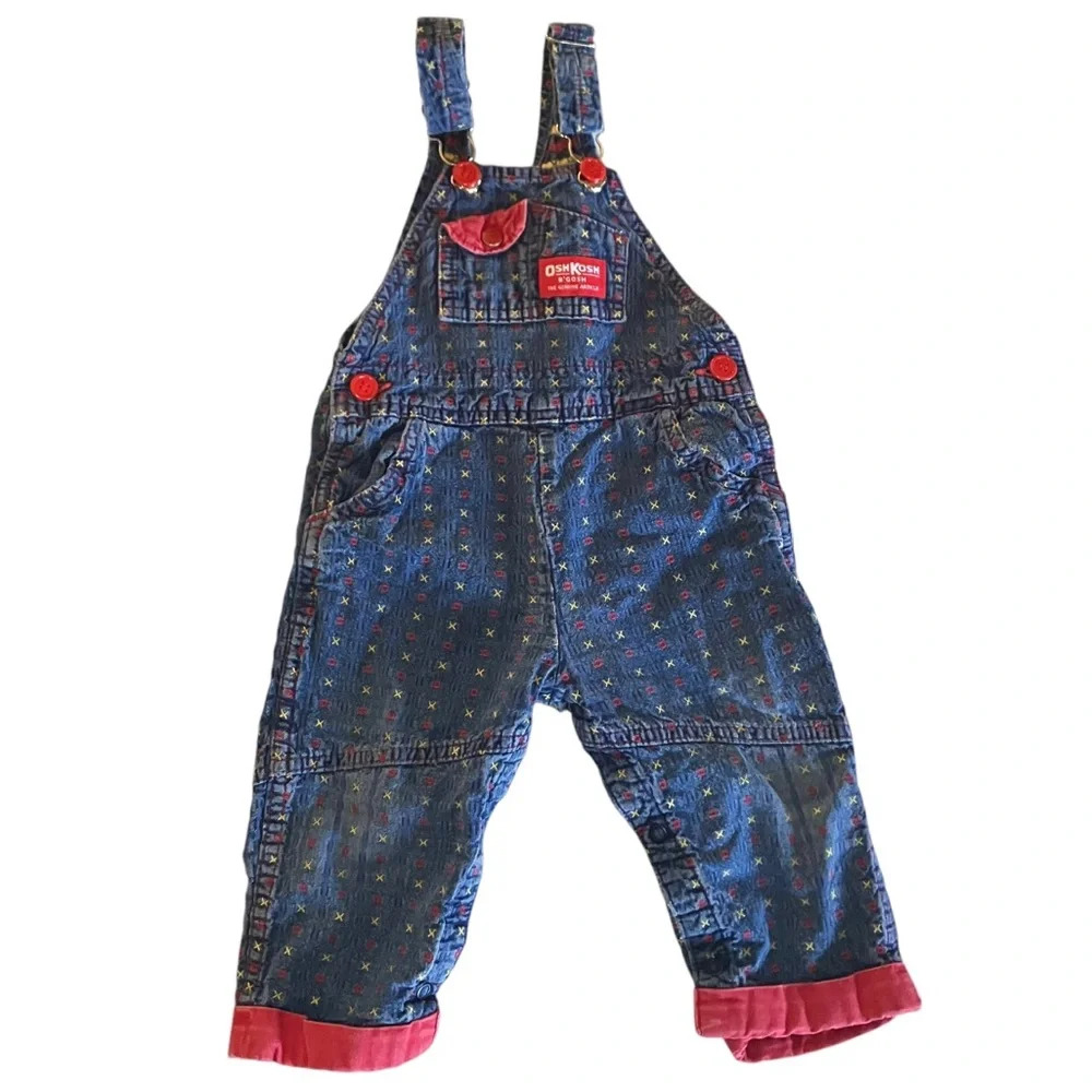 Vintage Osh Kosh B’Gosh denim x o tic tac toe‎ printed overalls 24M
